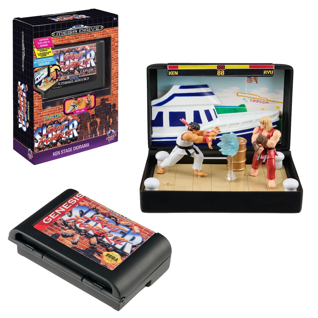 [XY-CHSF03-01-CONSOLE-HEROES-SEGA-ST] Console Heroes SEGA Street Fighter II Cartridge Diorama Playset (Ken/Dock Stage, includes Ryu & Ken mini-figures) — Wilder Toys, Capcom-licensed